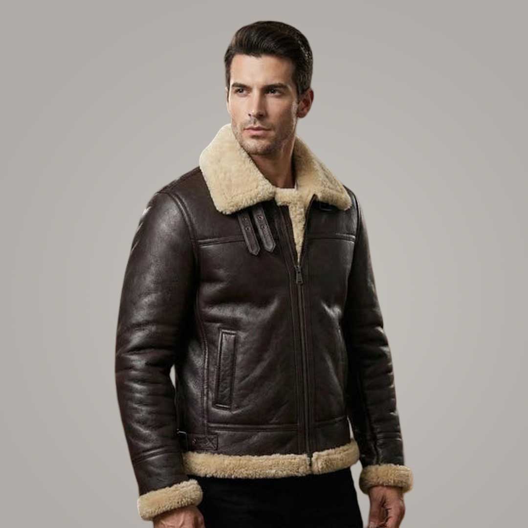 Men's Brown Leather RAF Aviator B3 Bomber Jacket Shearling Sheepskin