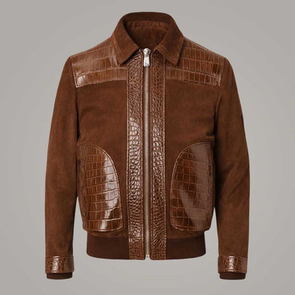 Men's Brown Suede Leather Bomber Jacket with Crocodile Embossed