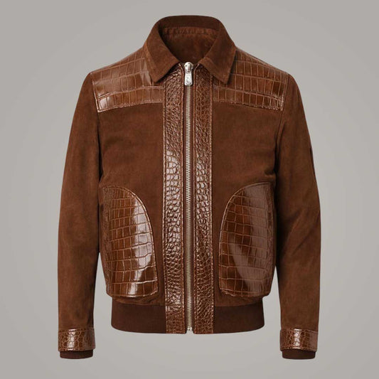 Men's Brown Suede Leather Bomber Jacket with Crocodile Embossed