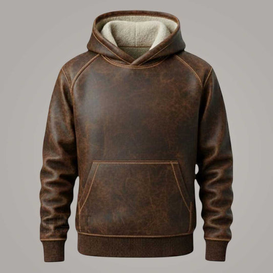 Men's Brown Vintage Leather Hoodie with Fur Lining