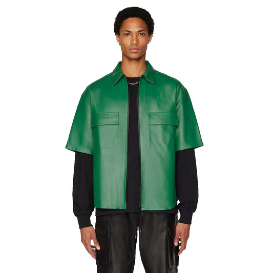 Green Half Sleeve Leather Shirt for Men