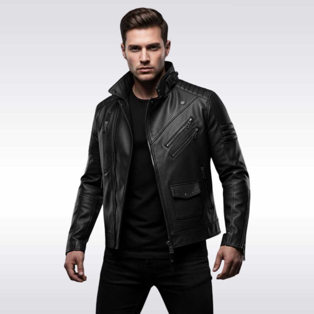 Men's Cyberpunk Techwear Leather Jacket Futuristic Moto Coat