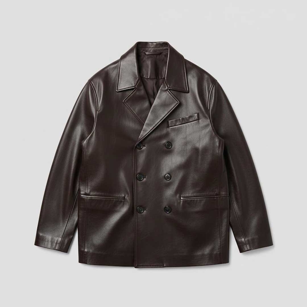 Men's Dark Brown Leather Jacket Double Breasted with Peaked Lapel