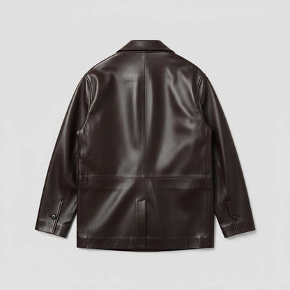 Men's Dark Brown Leather Jacket Double Breasted with Peaked Lapel