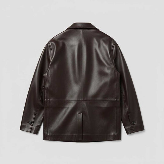 Men's Dark Brown Leather Jacket Double Breasted with Peaked Lapel