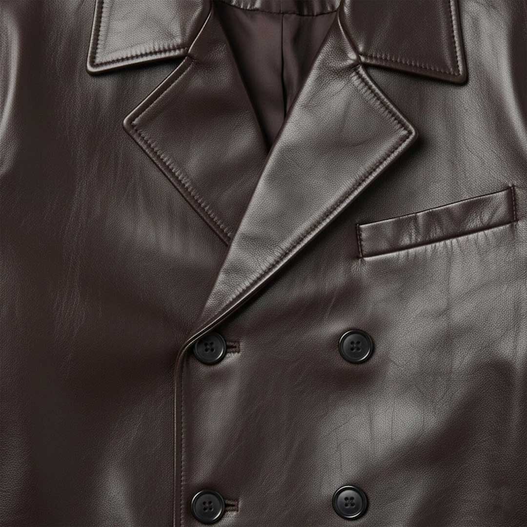 Men's Dark Brown Leather Jacket Double Breasted with Peaked Lapel