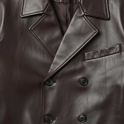Men's Dark Brown Leather Jacket Double Breasted with Peaked Lapel