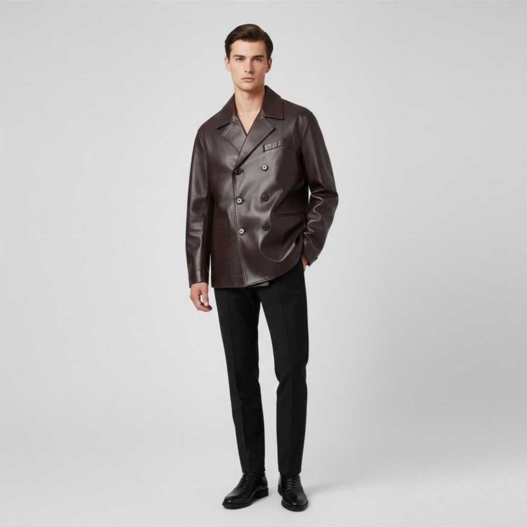 Men's Dark Brown Leather Jacket Double Breasted with Peaked Lapel