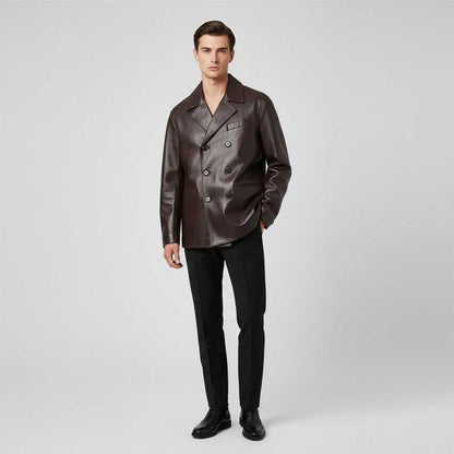 Men's Dark Brown Leather Jacket Double Breasted with Peaked Lapel