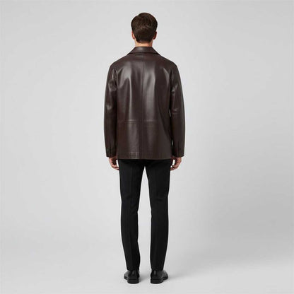 Men's Dark Brown Leather Jacket Double Breasted with Peaked Lapel