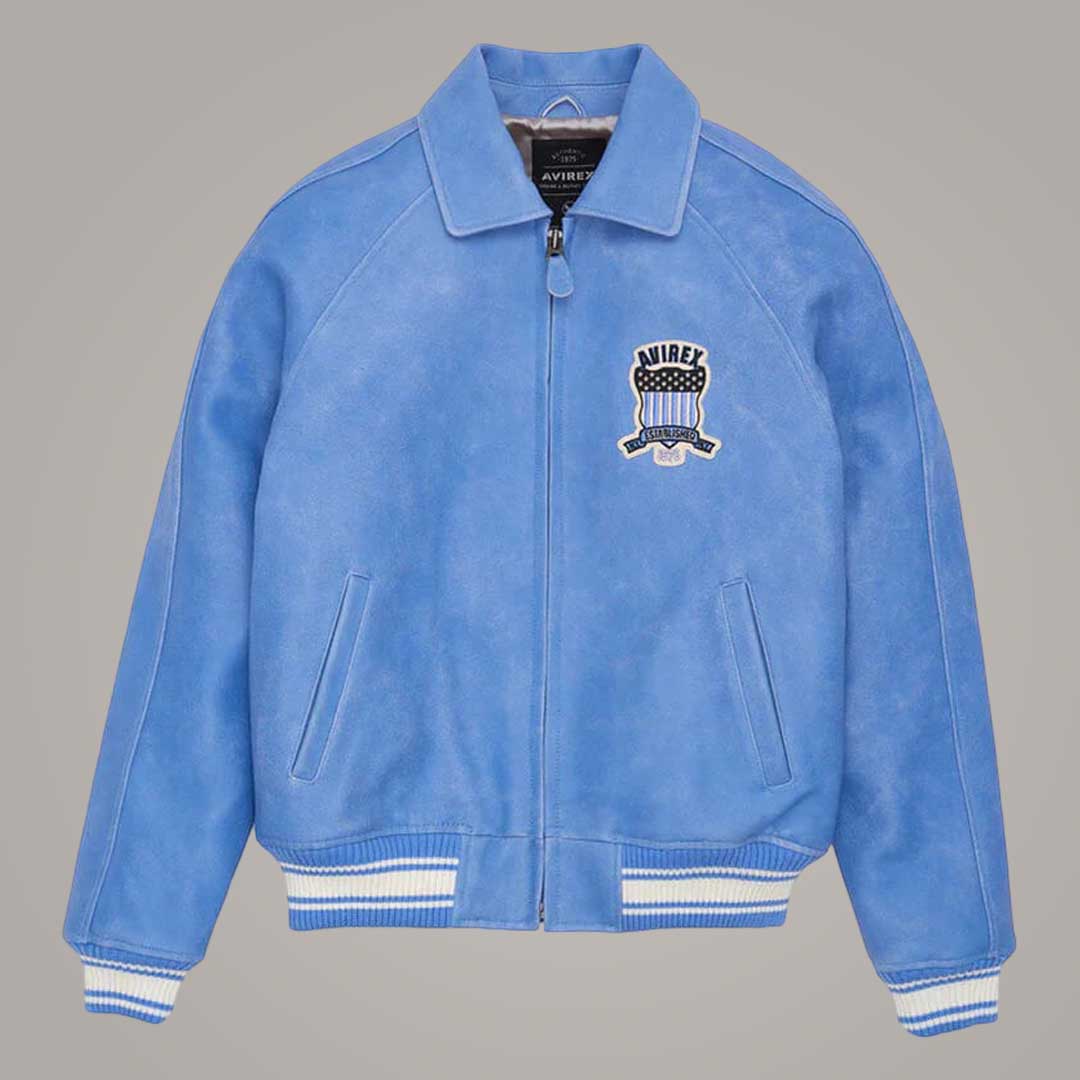 Men's Denim Bomber Varsity Limited Edition Avirex Leather Jacket Front View by Jackets Kingdom