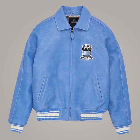 Men's Denim Bomber Varsity Limited Edition Avirex Leather Jacket Front View by Jackets Kingdom