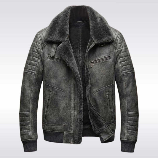 Men's Distressed Grey Leather Bomber Jacket Shearling Collar Aviator Coat