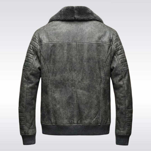 Men's Distressed Grey Leather Bomber Jacket Shearling Collar Aviator Coat