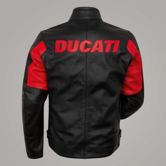 Men's Ducati Black Leather Biker Jacket with Red Racing Accents by Jackets Kingdom