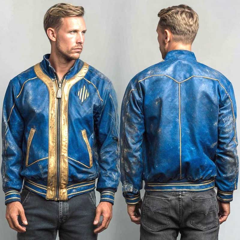 Men's Fallout Vault 111 leather jacket with distressed blue and gold vault inspired design