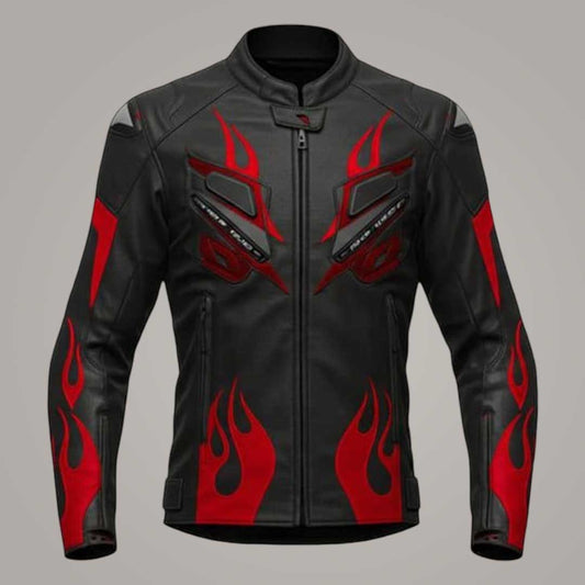 Men's Flame Detail Leather Motorcycle Jacket in Red and Black Front View by Jackets Kingdom