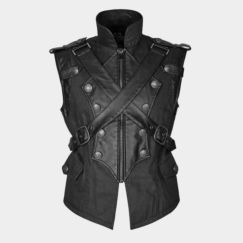 Men's Gothic military vest with X style leather straps and buckles by Jackets Kingdom