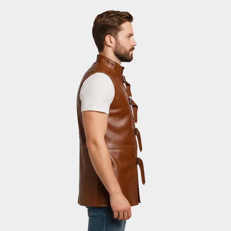 Men's Gothic style leather vest showing tailored fit and buckles by Jackets Kingdom