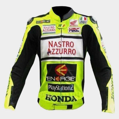 Men's Green Honda Nastro Motorcycle Racing Leather Jacket with CE armor front view by Jackets Kingdom