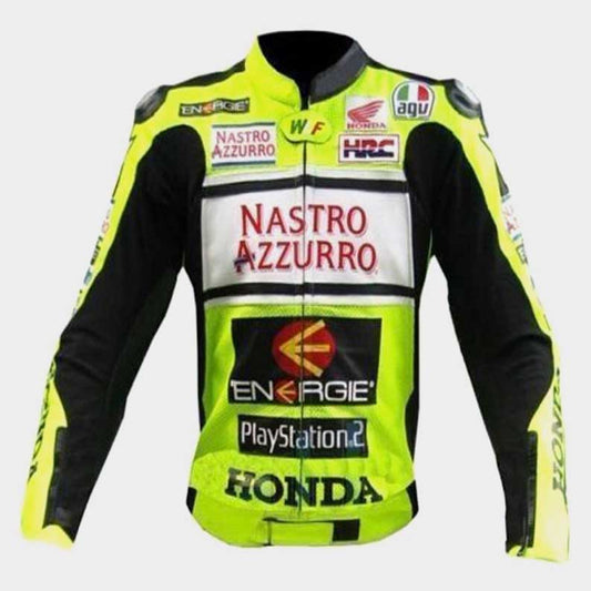 Men's Green Honda Nastro Motorcycle Racing Leather Jacket with CE armor front view by Jackets Kingdom