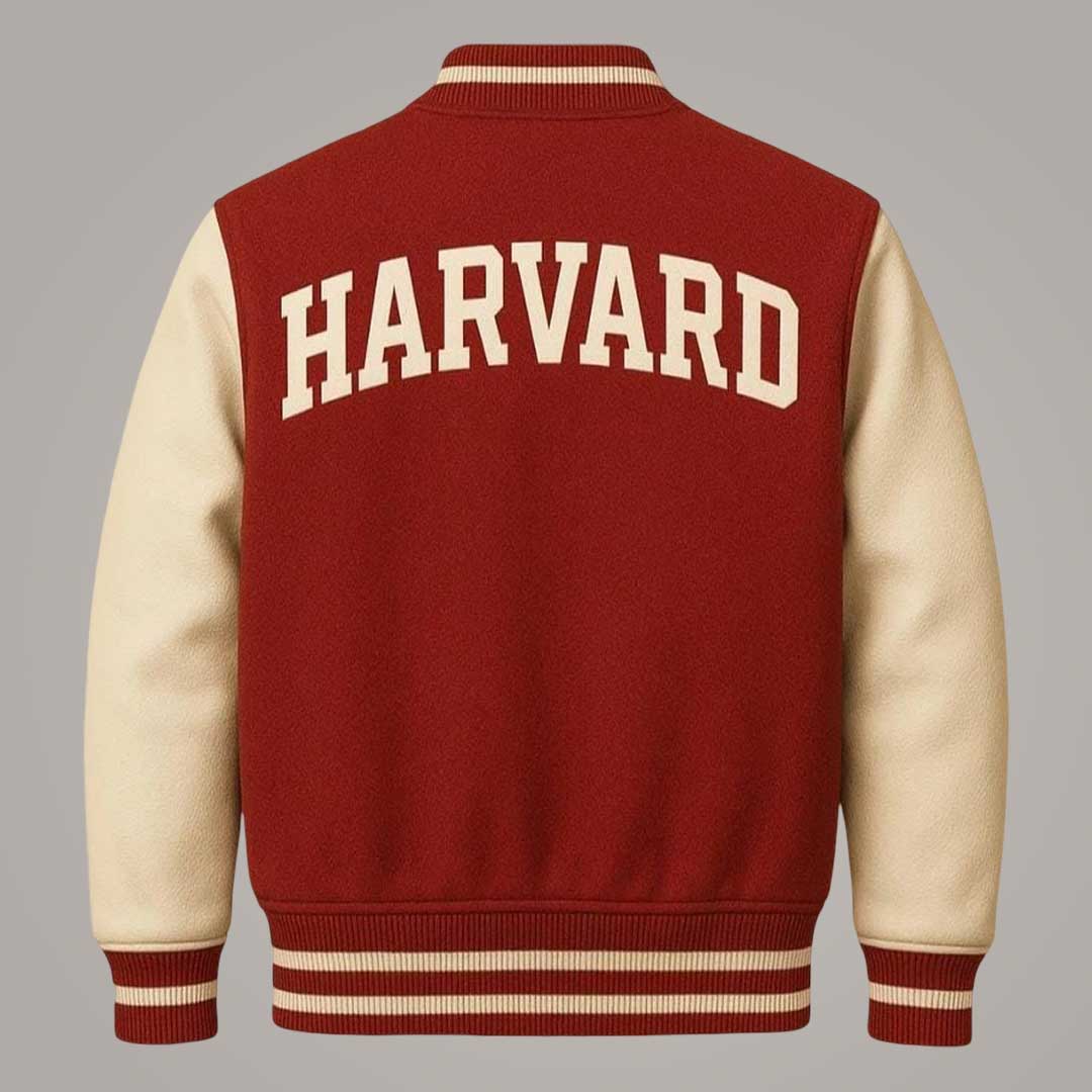 Men's Harvard Red Varsity Jacket with Genuine Leather Sleeves