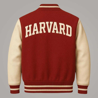 Men's Harvard Red Varsity Jacket with Genuine Leather Sleeves