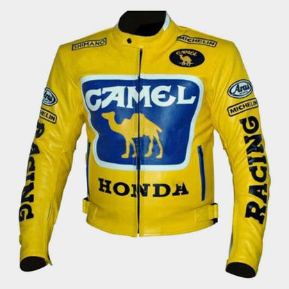 Men's Honda Camel Racing Motorcycle Yellow Leather Jacket with CE armor front view by Jackets Kingdom