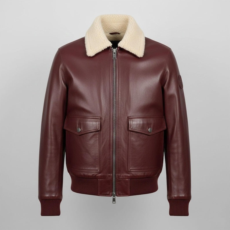 Men's Maroon Leather Bomber Jacket with Shearling Collar