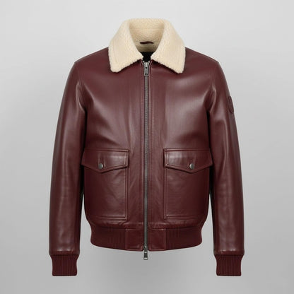 Men's Maroon Leather Bomber Jacket with Shearling Collar