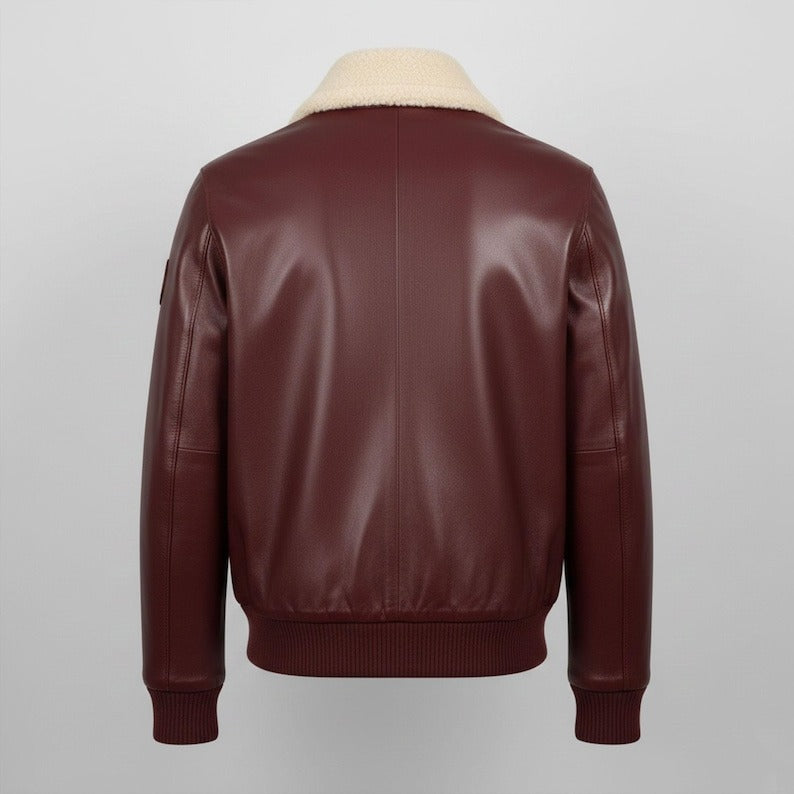 Men's Maroon Leather Bomber Jacket with Shearling Collar