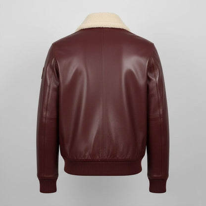 Men's Maroon Leather Bomber Jacket with Shearling Collar