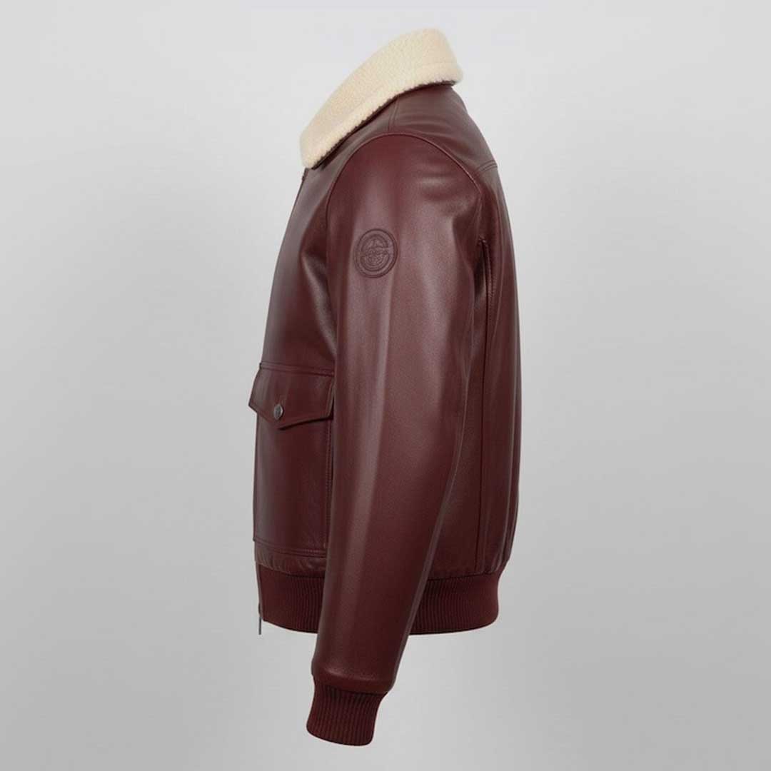 Men's Maroon Leather Bomber Jacket with Shearling Collar