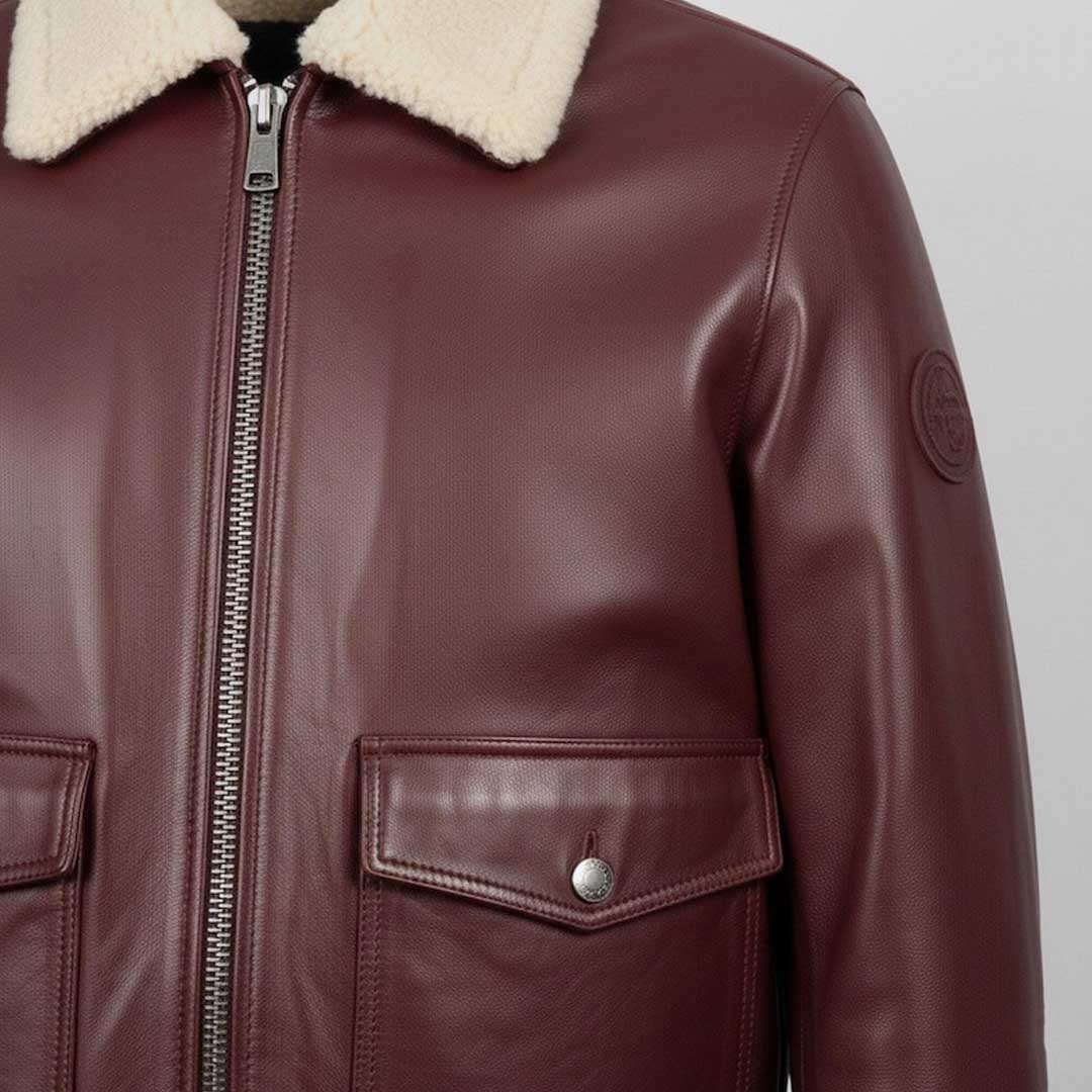 Men's Maroon Leather Bomber Jacket with Shearling Collar