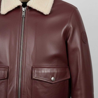 Men's Maroon Leather Bomber Jacket with Shearling Collar