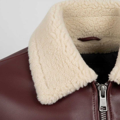Men's Maroon Leather Bomber Jacket with Shearling Collar