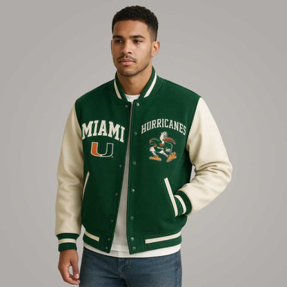 Men's Miami Hurricanes Varsity Jacket with Genuine Leather Sleeves