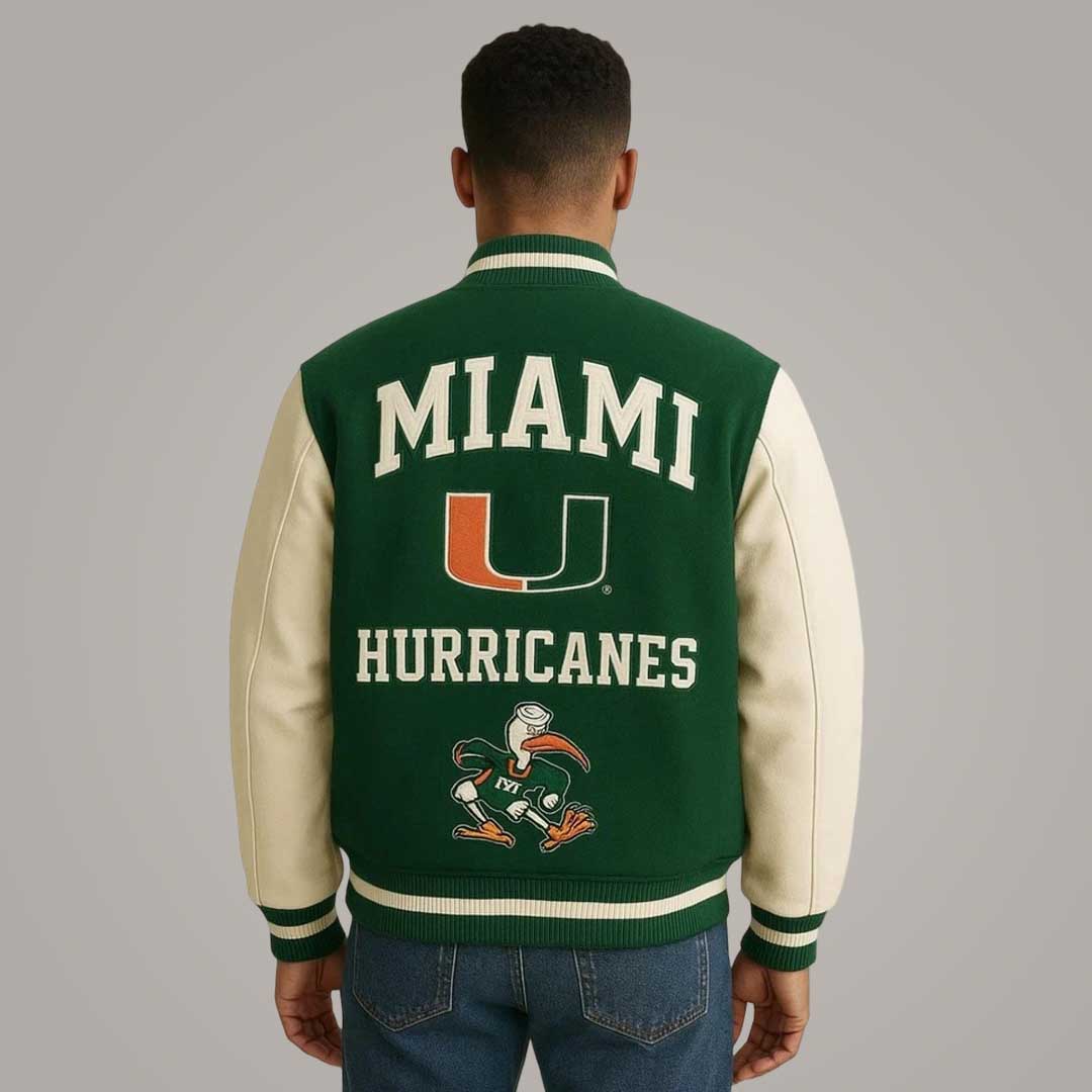 Men's Miami Hurricanes Varsity Jacket with Genuine Leather Sleeves