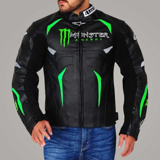 Men's Monster Energy Black Motorcycle Racing Jacket with Neon Green Detailing Front View by Jackets Kingdom