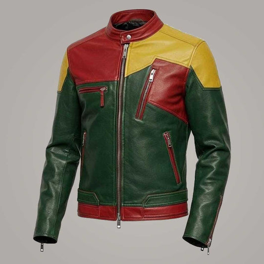 Men's Multicolor Cowhide Leather Biker Jacket