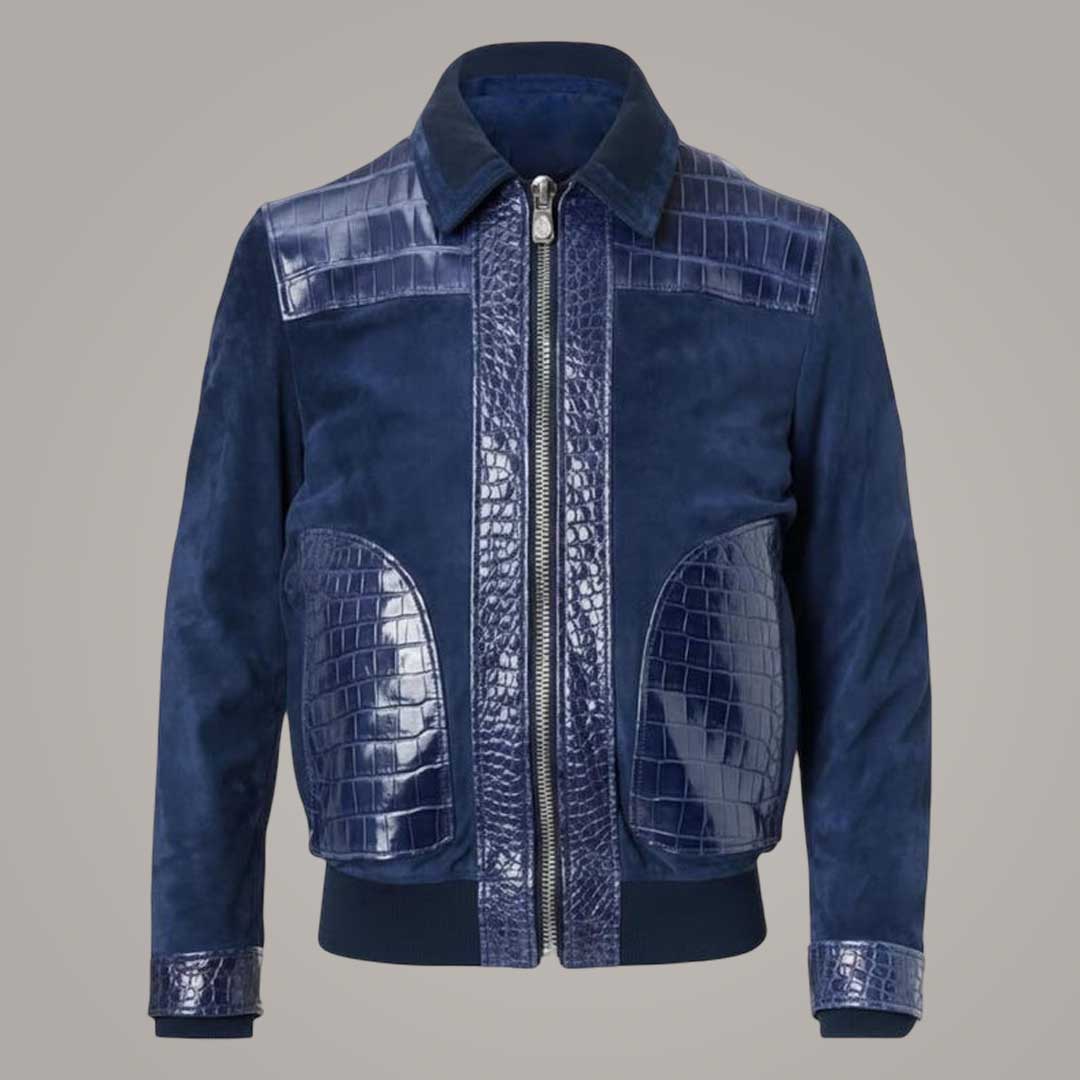 Men's Navy Blue Suede Leather Bomber Jacket with Crocodile Embossed Panels