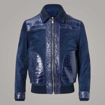 Men's Navy Blue Suede Leather Bomber Jacket with Crocodile Embossed Panels