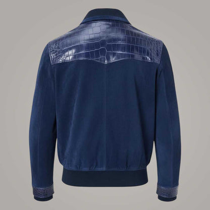 Men's Navy Blue Suede Leather Bomber Jacket with Crocodile Embossed Panels