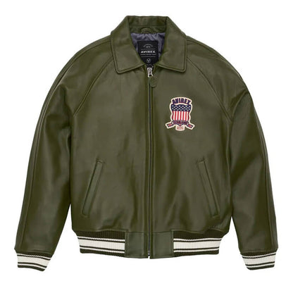 Men's Olive Varsity Bomber Avirex Leather Jacket