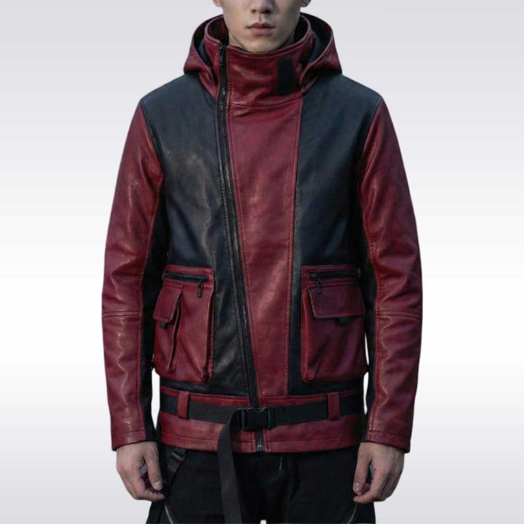 Men's Red Black Techwear Leather Jacket Cyberpunk Hooded Tactical Coat