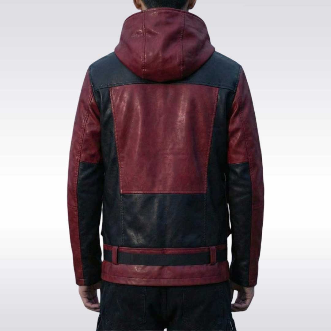 Men's Red Black Techwear Leather Jacket Cyberpunk Hooded Tactical Coat