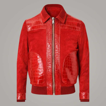 Men's Red Suede Leather Bomber Jacket with Crocodile Embossed Panels