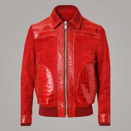 Men's Red Suede Leather Bomber Jacket with Crocodile Embossed Panels