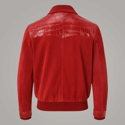 Men's Red Suede Leather Bomber Jacket with Crocodile Embossed Panels