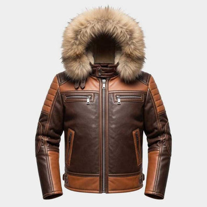 Men's Sheepskin Leather Biker Jacket with Faux Fur Hood front view by Jackets Kingdom